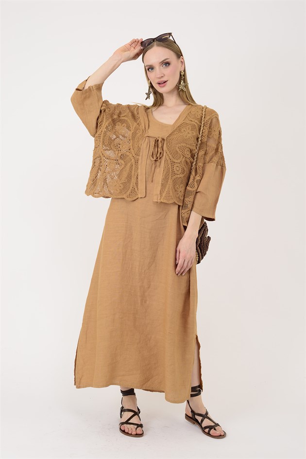 11694 LOVA AJUR BOLERO DETAYLI 2Lİ KETEN TAKIM ELBİSE