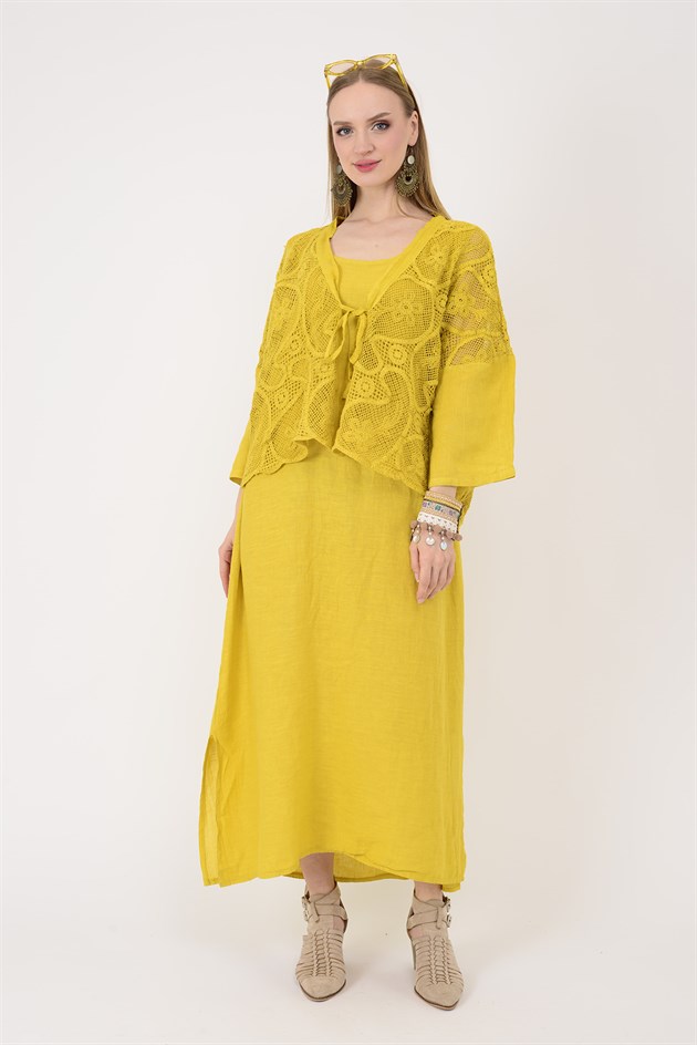 11694 LOVA AJUR BOLERO DETAYLI 2Lİ KETEN TAKIM ELBİSE