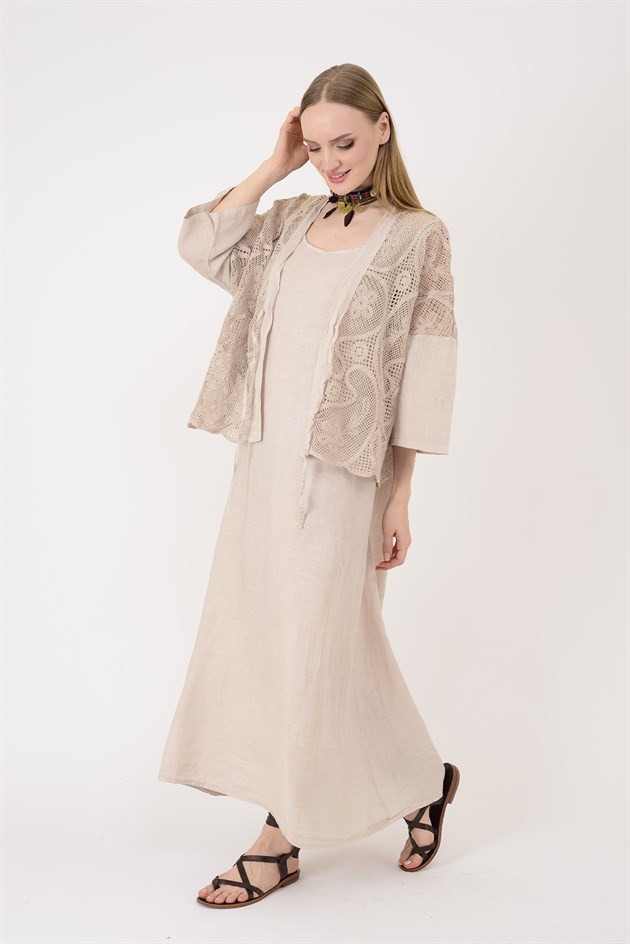11694 LOVA AJUR BOLERO DETAYLI 2Lİ KETEN TAKIM ELBİSE