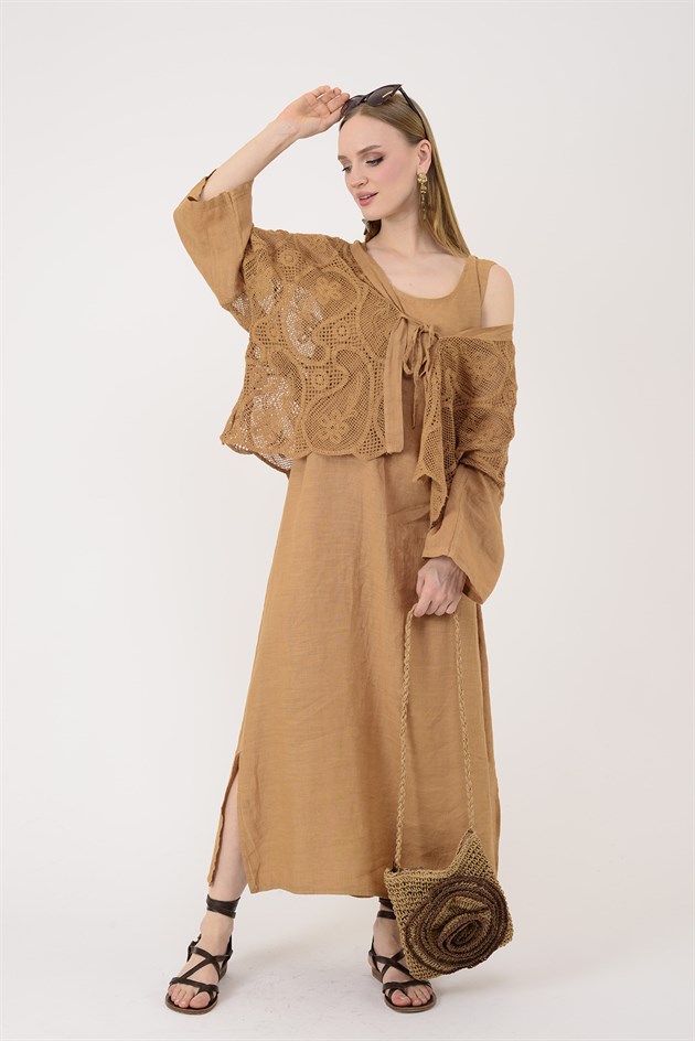 11694 LOVA AJUR BOLERO DETAYLI 2Lİ KETEN TAKIM ELBİSE