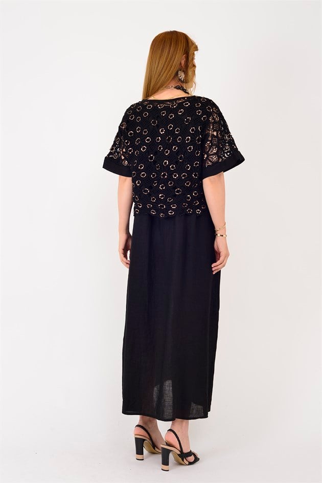 11713 LOVA PAYETLİ AJUR BLUZ DETAYLI 2Lİ KETEN TAKIM ELBİSE