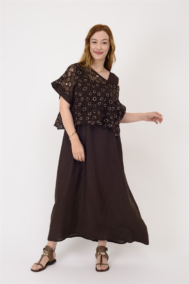 11713 LOVA PAYETLİ AJUR BLUZ DETAYLI 2Lİ KETEN TAKIM ELBİSE