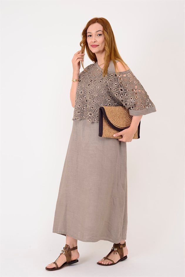 11713 LOVA PAYETLİ AJUR BLUZ DETAYLI 2Lİ KETEN TAKIM ELBİSE