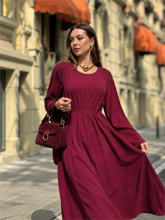 11925 LOVA AJUR DETAYLI FİTİLLİ KADİFE ELBİSE
