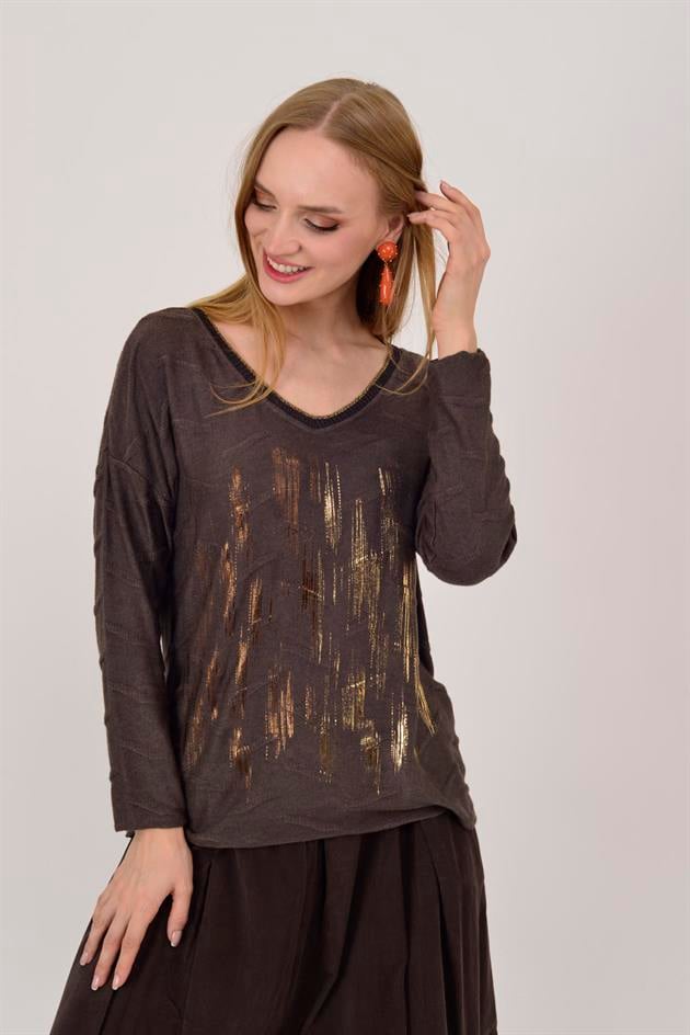 12055 SİM DETAYLI V YAKA İNCE TRİKO BLUZ