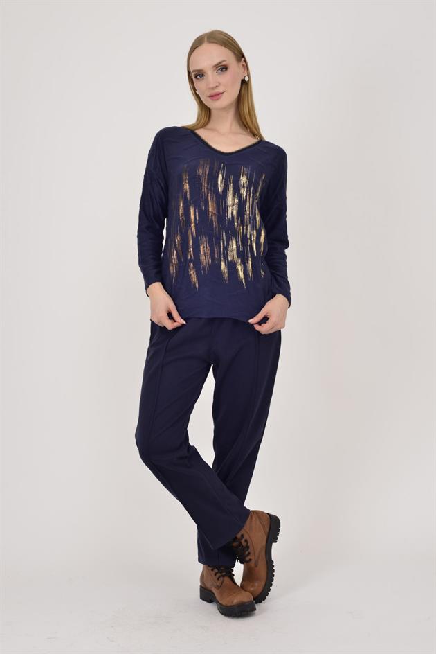 12055 SİM DETAYLI V YAKA İNCE TRİKO BLUZ