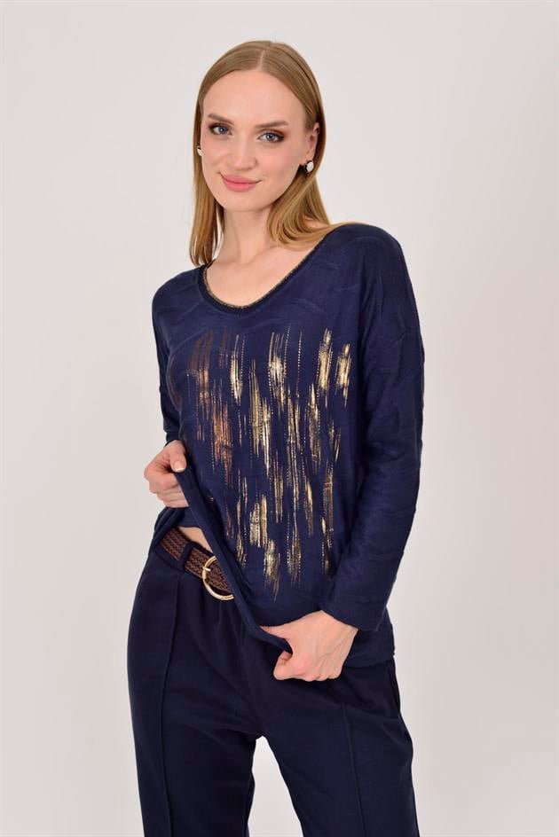 12055 SİM DETAYLI V YAKA İNCE TRİKO BLUZ