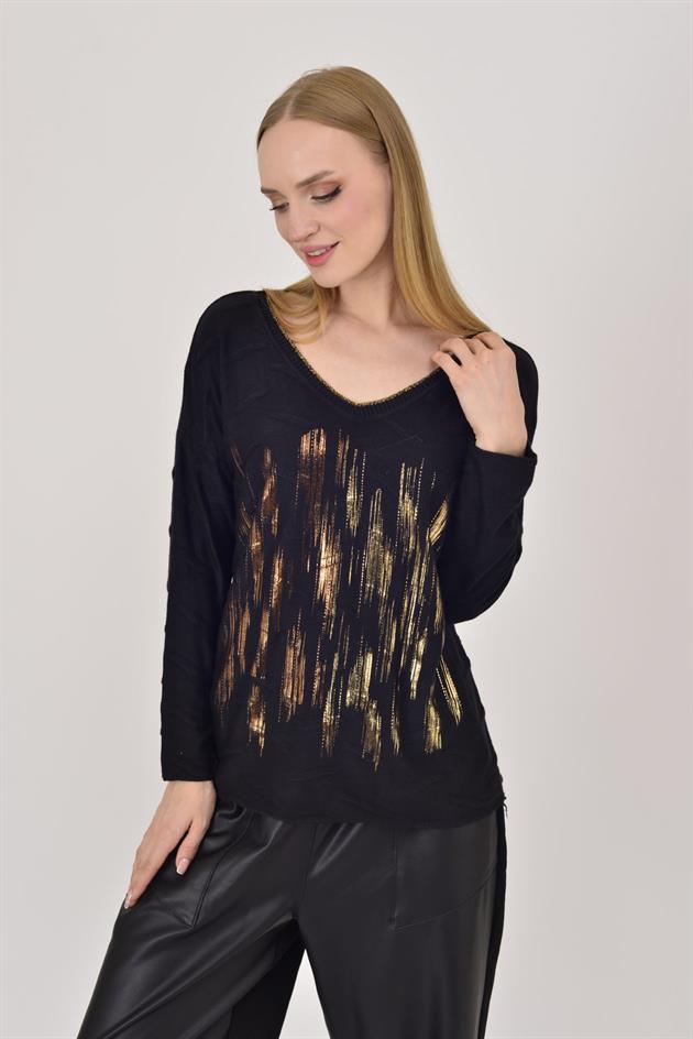 12055 SİM DETAYLI V YAKA İNCE TRİKO BLUZ