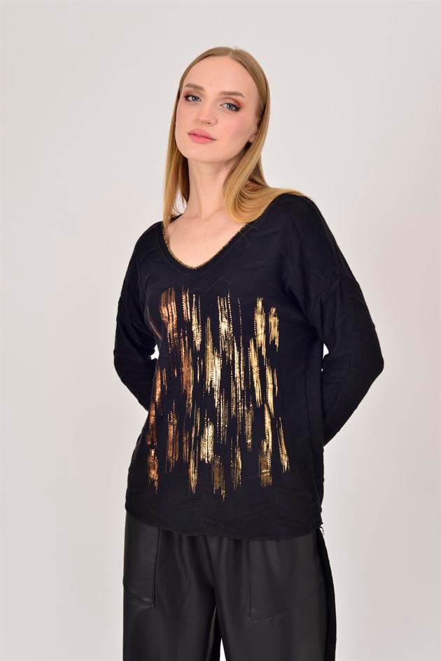 12055 SİM DETAYLI V YAKA İNCE TRİKO BLUZ