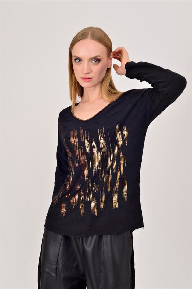 12055 SİM DETAYLI V YAKA İNCE TRİKO BLUZ