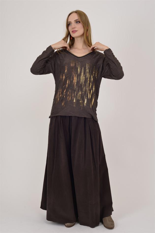 12055 SİM DETAYLI V YAKA İNCE TRİKO BLUZ