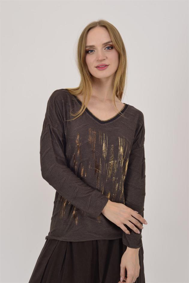 12055 SİM DETAYLI V YAKA İNCE TRİKO BLUZ