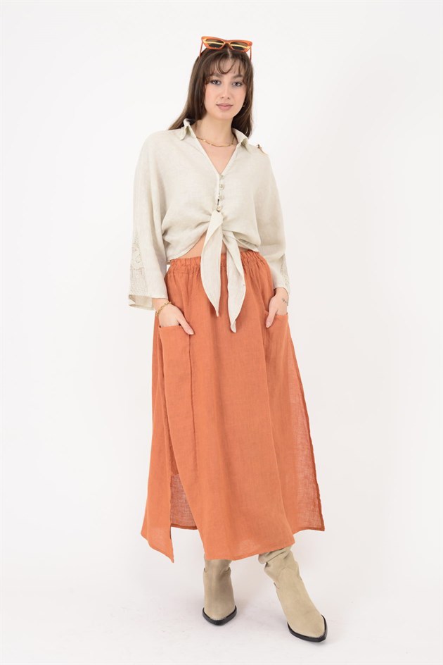 12183 DANTEL DETAYLI PAYETLİ KETEN GÖMLEK