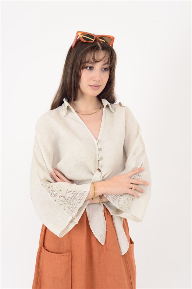 12183 DANTEL DETAYLI PAYETLİ KETEN GÖMLEK