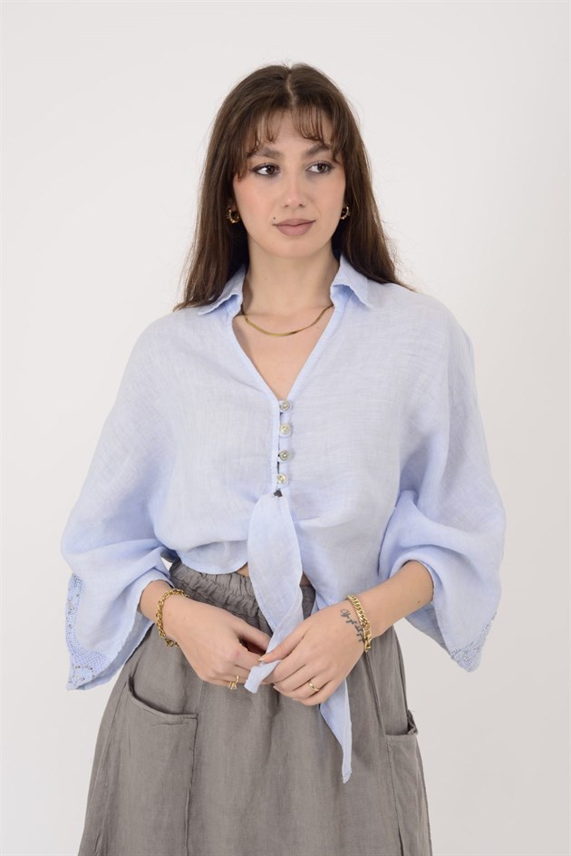 12183 DANTEL DETAYLI PAYETLİ KETEN GÖMLEK