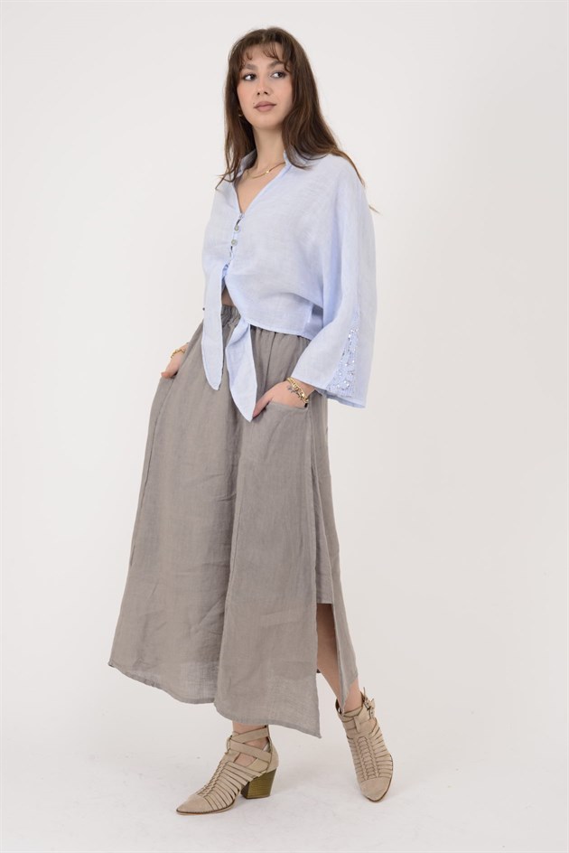 12183 DANTEL DETAYLI PAYETLİ KETEN GÖMLEK