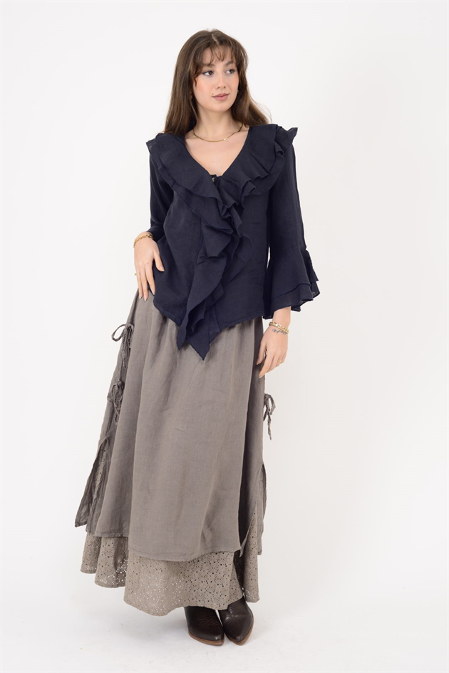 12186 COSTELLO FIRFIR DETAYLI KETEN BLUZ