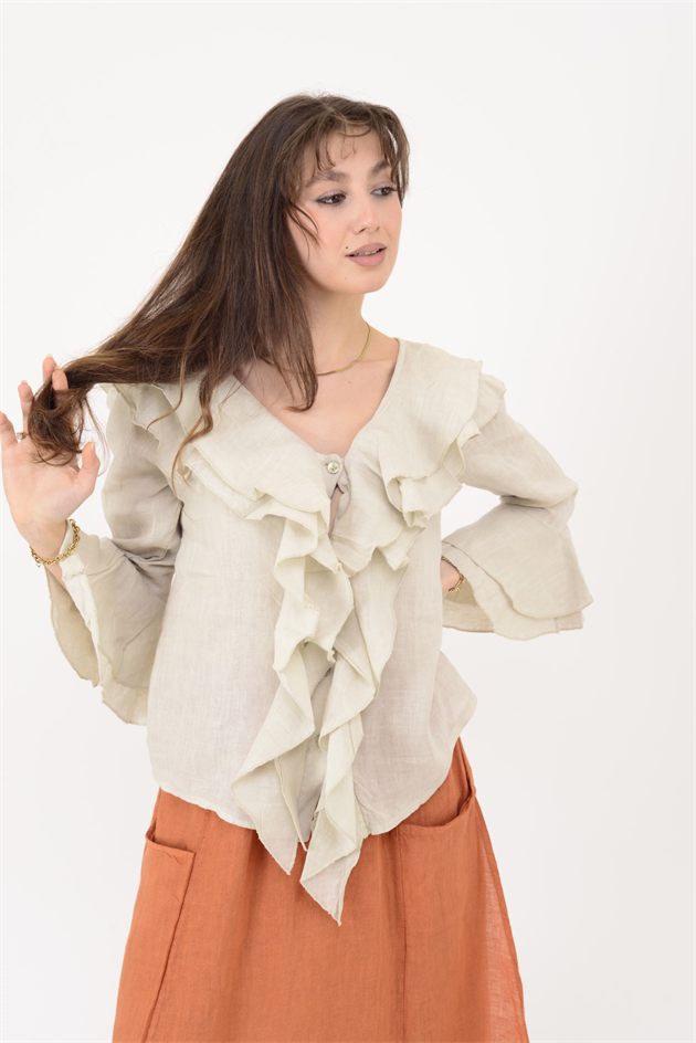 12186 COSTELLO FIRFIR DETAYLI KETEN BLUZ