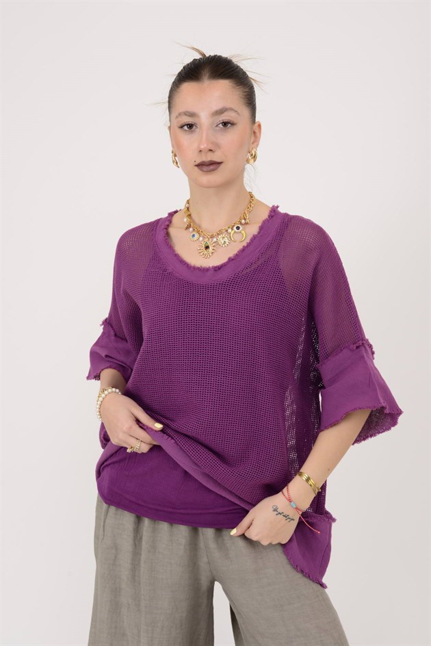 12199 SAÇAK DETAYLI MERSERİZE BLUZ