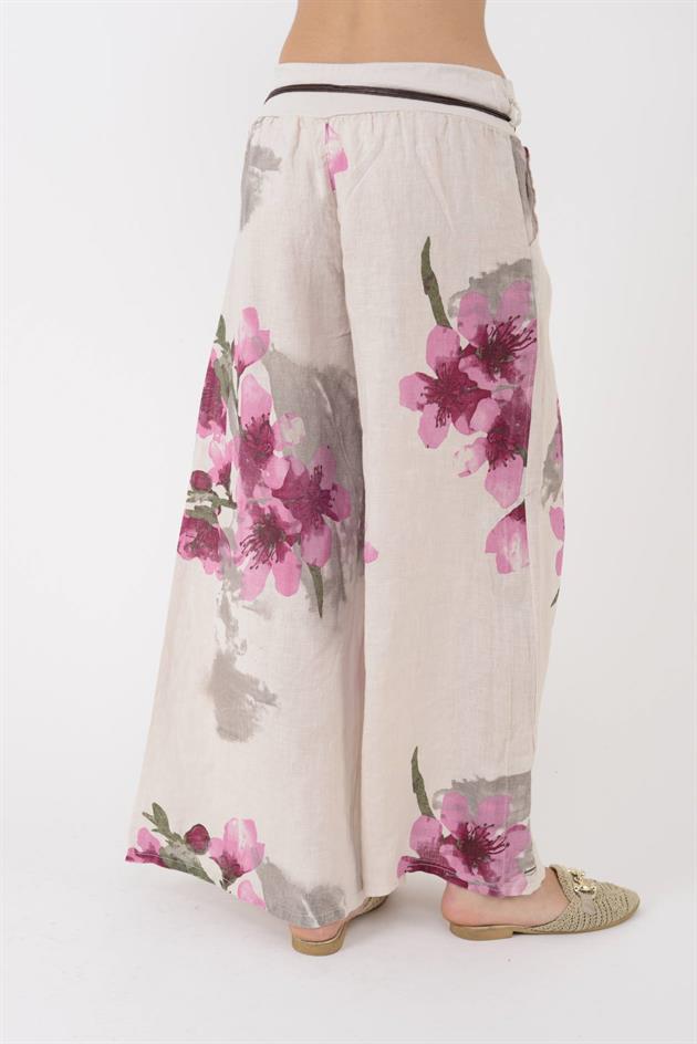 12219 BATİK ÇİÇEK DESEN GENİŞ PAÇA KEMERLİ KETEN PANTOLON