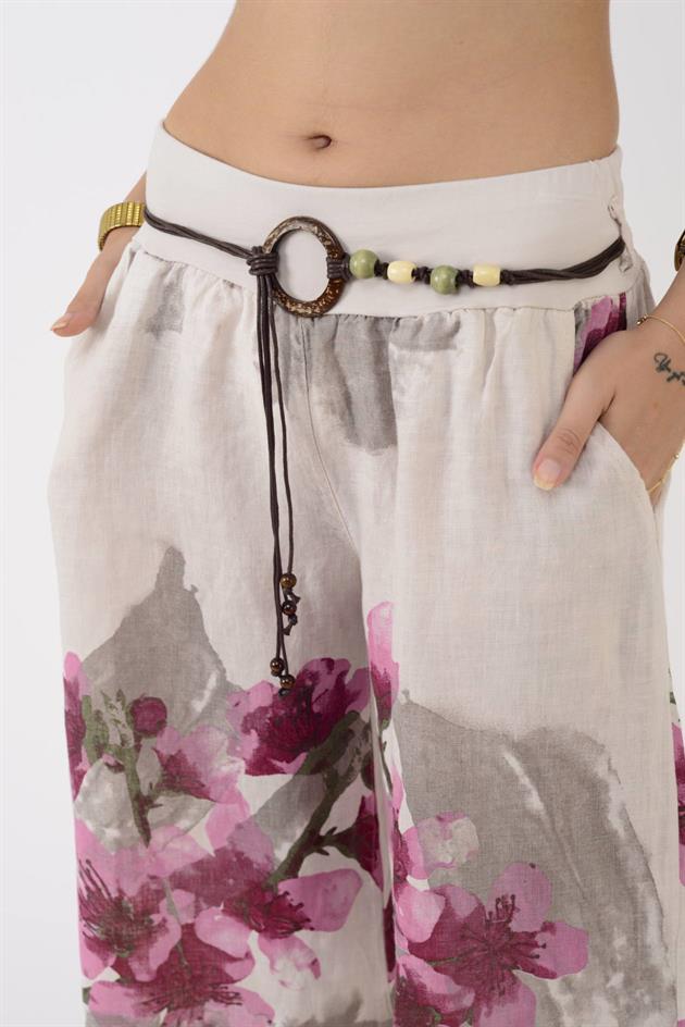 12219 BATİK ÇİÇEK DESEN GENİŞ PAÇA KEMERLİ KETEN PANTOLON