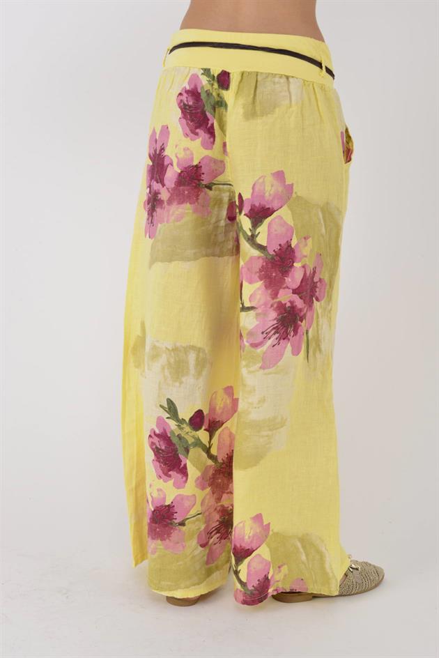 12219 BATİK ÇİÇEK DESEN GENİŞ PAÇA KEMERLİ KETEN PANTOLON