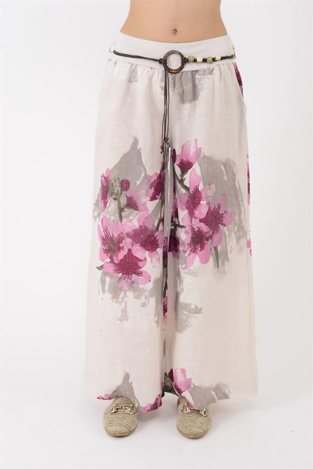 12219 BATİK ÇİÇEK DESEN GENİŞ PAÇA KEMERLİ KETEN PANTOLON