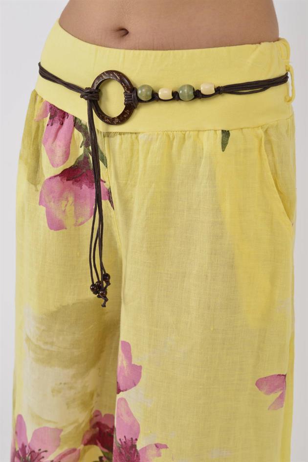 12219 BATİK ÇİÇEK DESEN GENİŞ PAÇA KEMERLİ KETEN PANTOLON