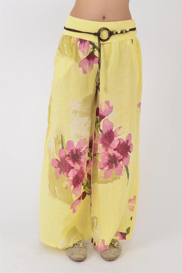 12219 BATİK ÇİÇEK DESEN GENİŞ PAÇA KEMERLİ KETEN PANTOLON