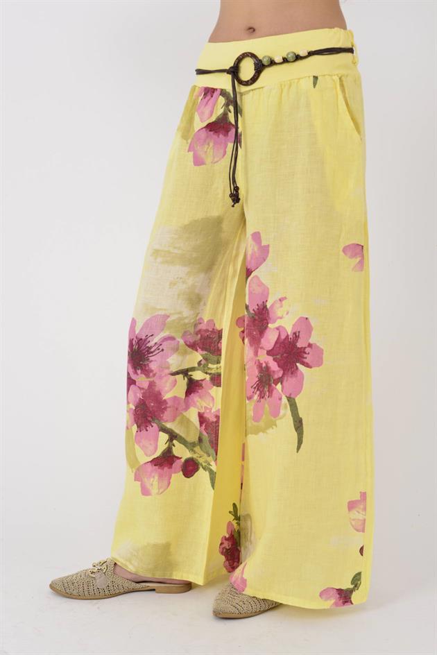 12219 BATİK ÇİÇEK DESEN GENİŞ PAÇA KEMERLİ KETEN PANTOLON