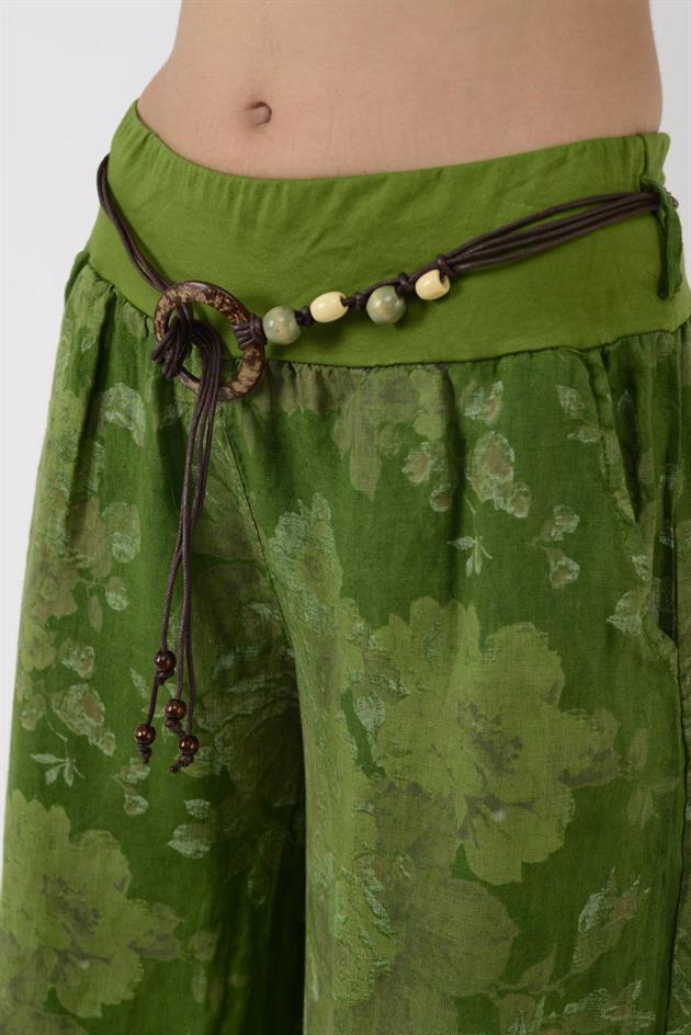 12219 BATİK GÜL DESEN GENİŞ PAÇA KEMERLİ KETEN PANTOLON