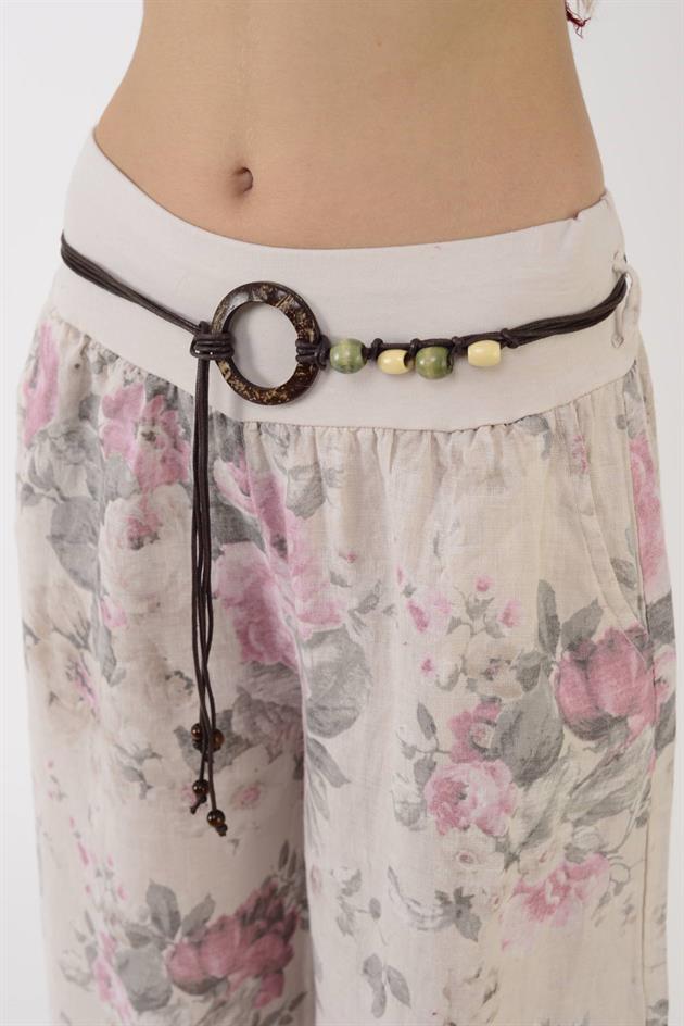 12219 BATİK GÜL DESEN GENİŞ PAÇA KEMERLİ KETEN PANTOLON