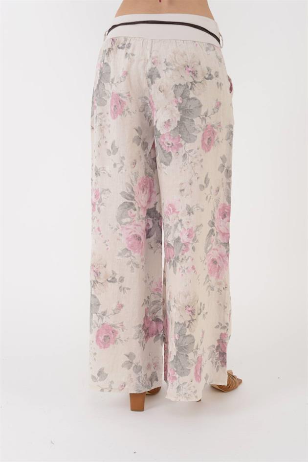 12219 BATİK GÜL DESEN GENİŞ PAÇA KEMERLİ KETEN PANTOLON