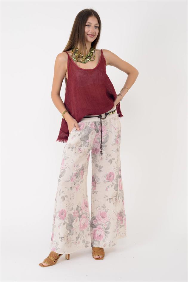 12219 BATİK GÜL DESEN GENİŞ PAÇA KEMERLİ KETEN PANTOLON