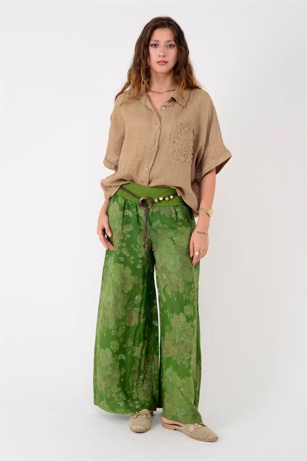 12219 BATİK GÜL DESEN GENİŞ PAÇA KEMERLİ KETEN PANTOLON