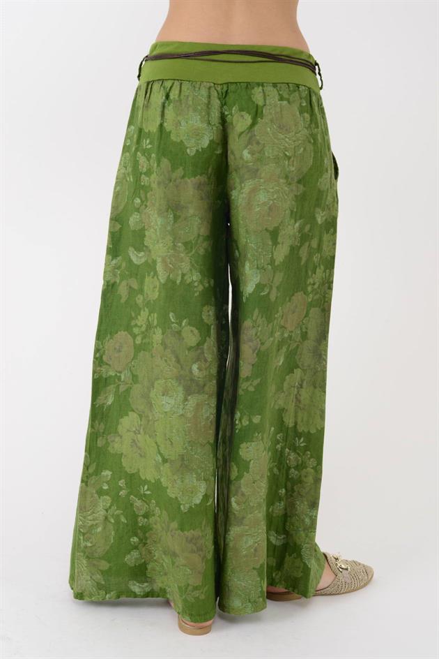 12219 BATİK GÜL DESEN GENİŞ PAÇA KEMERLİ KETEN PANTOLON