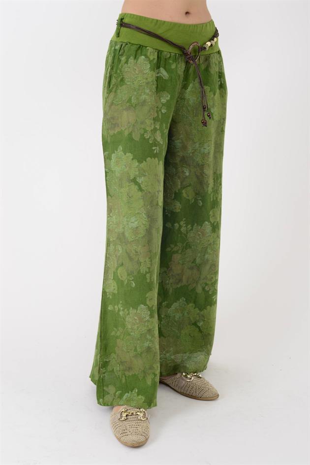 12219 BATİK GÜL DESEN GENİŞ PAÇA KEMERLİ KETEN PANTOLON