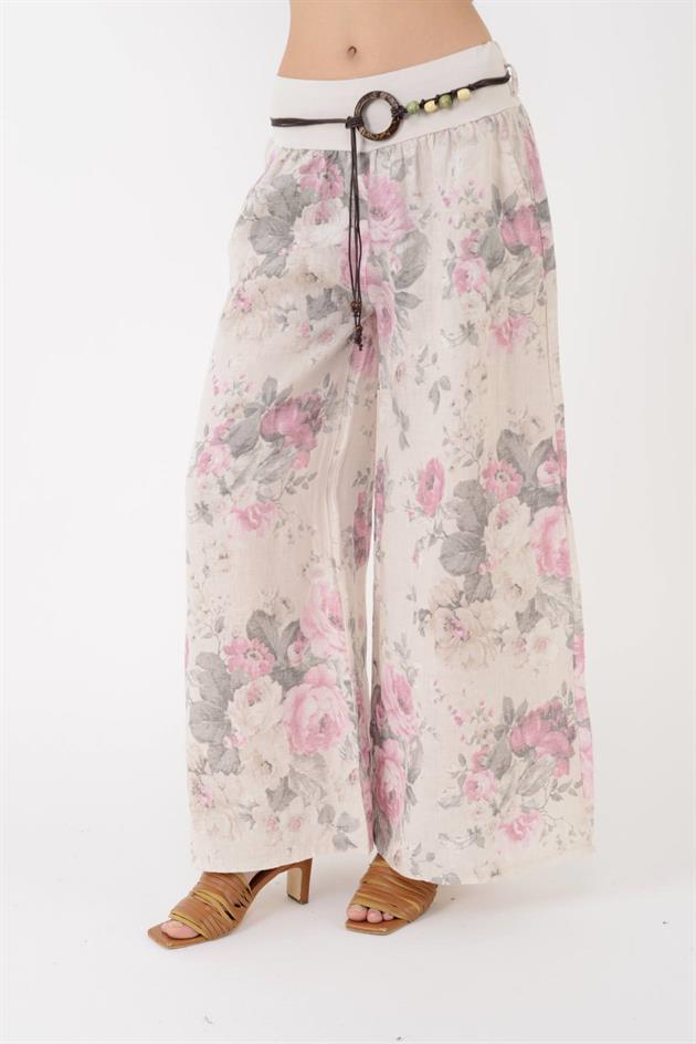 12219 BATİK GÜL DESEN GENİŞ PAÇA KEMERLİ KETEN PANTOLON