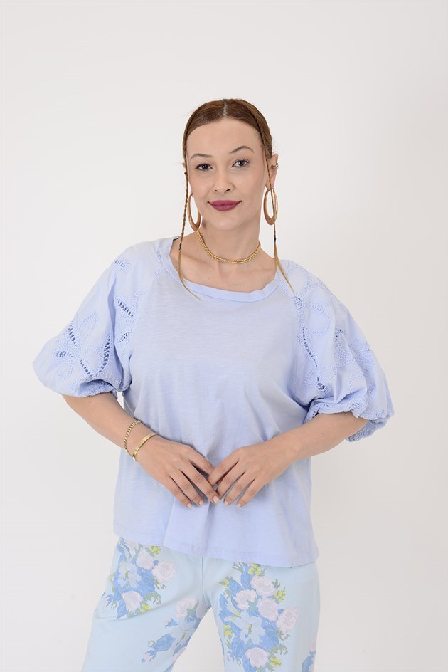 12260 FİSTOLU BALON KOL PAMUK BLUZ