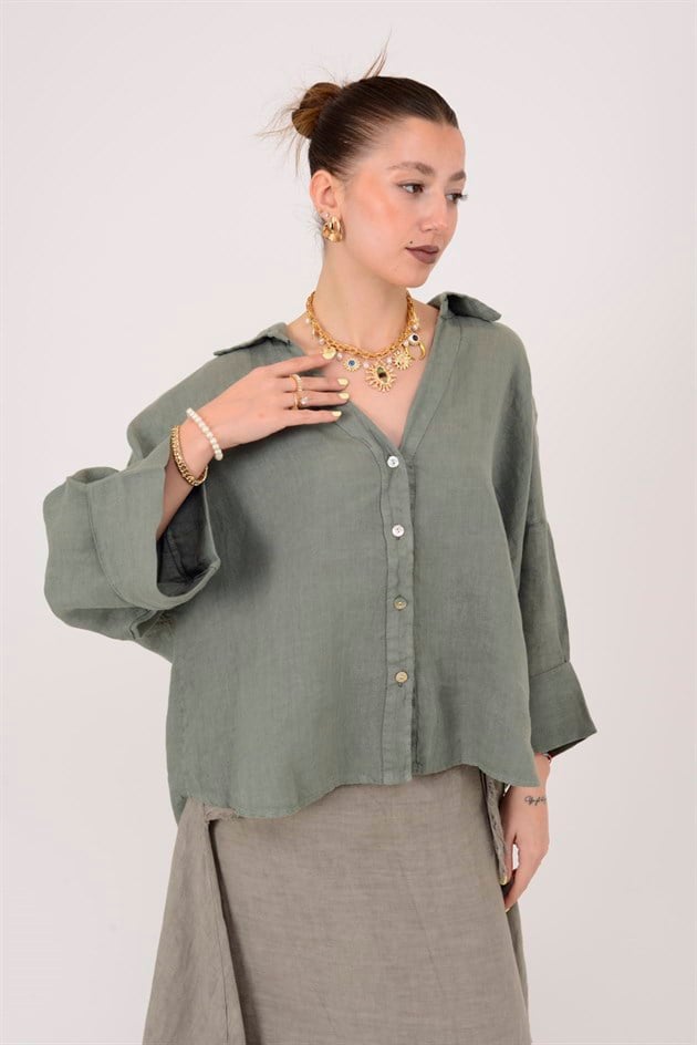 12544 V YAKA KETEN GÖMLEK