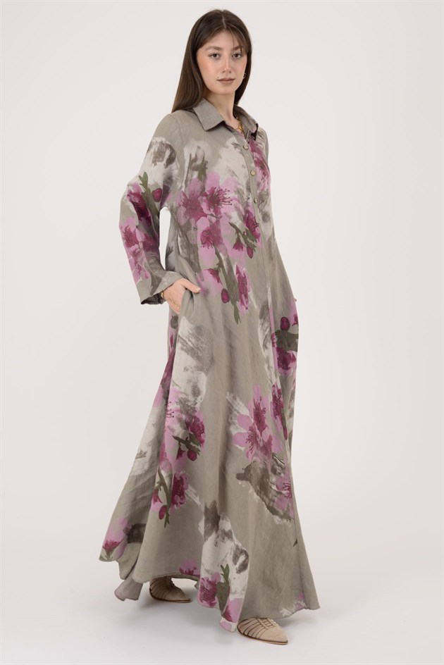 12794 SPRING ÇİÇEK DESEN GÖMLEK YAKA KETEN ELBİSE