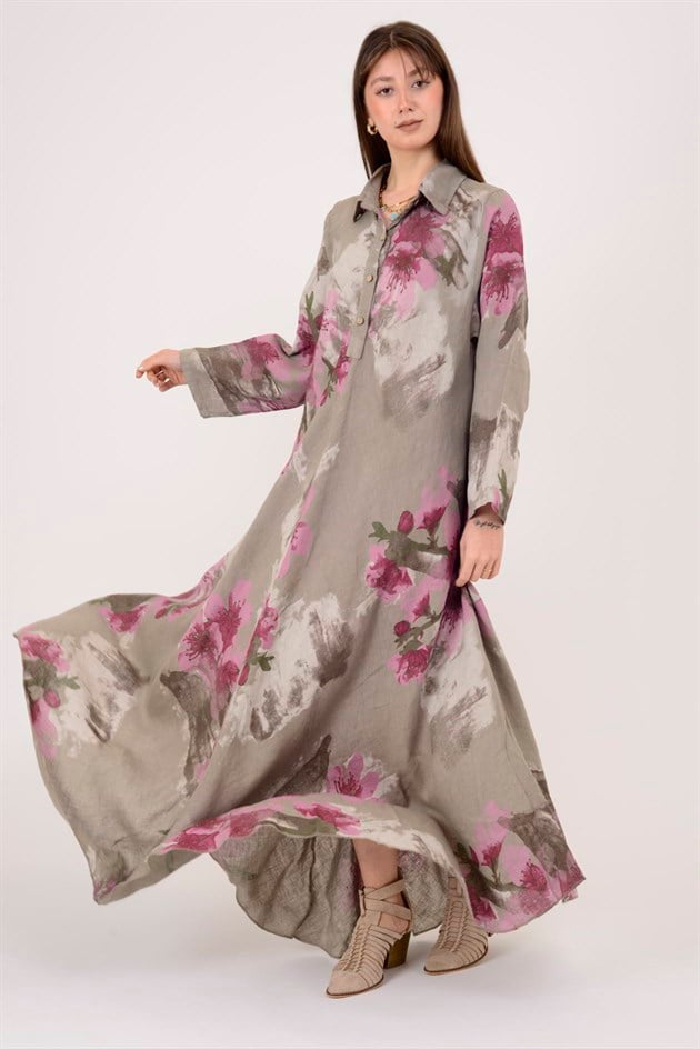 12794 SPRING ÇİÇEK DESEN GÖMLEK YAKA KETEN ELBİSE
