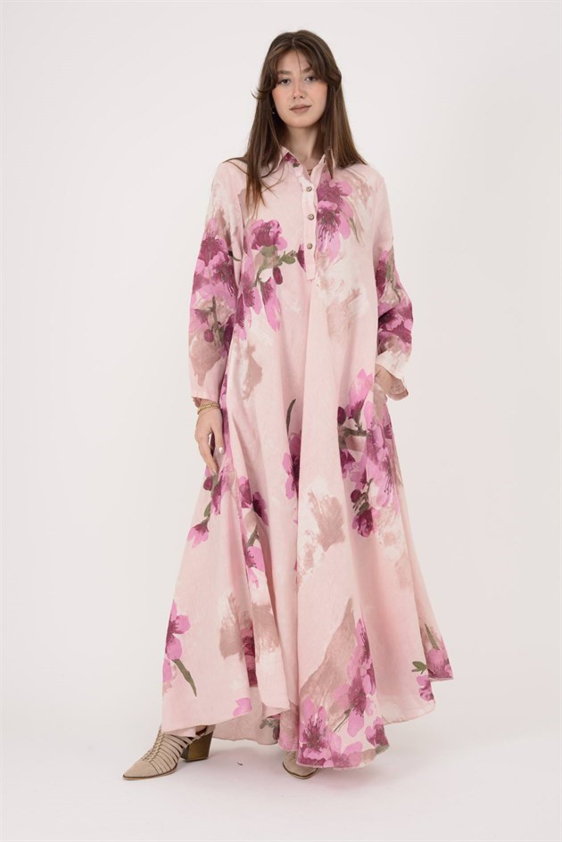 12794 SPRING ÇİÇEK DESEN GÖMLEK YAKA KETEN ELBİSE