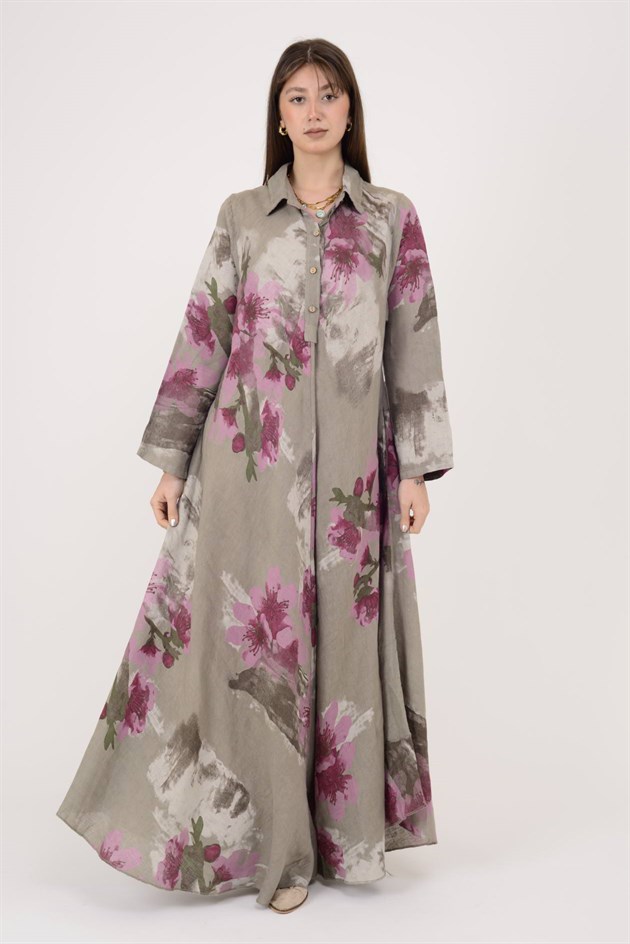 12794 SPRING ÇİÇEK DESEN GÖMLEK YAKA KETEN ELBİSE