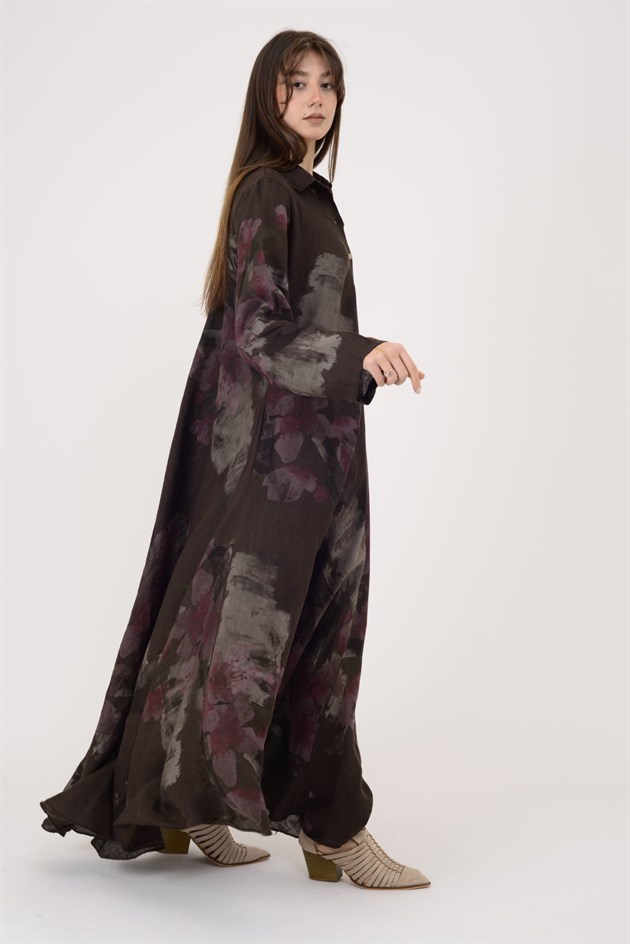 12794 SPRING ÇİÇEK DESEN GÖMLEK YAKA KETEN ELBİSE