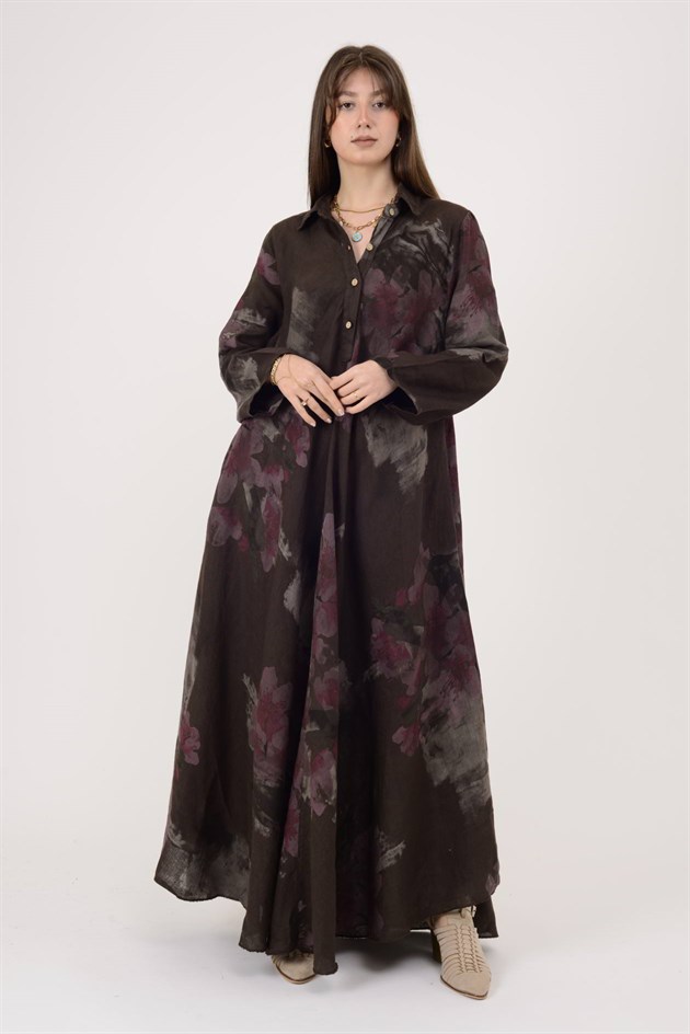 12794 SPRING ÇİÇEK DESEN GÖMLEK YAKA KETEN ELBİSE