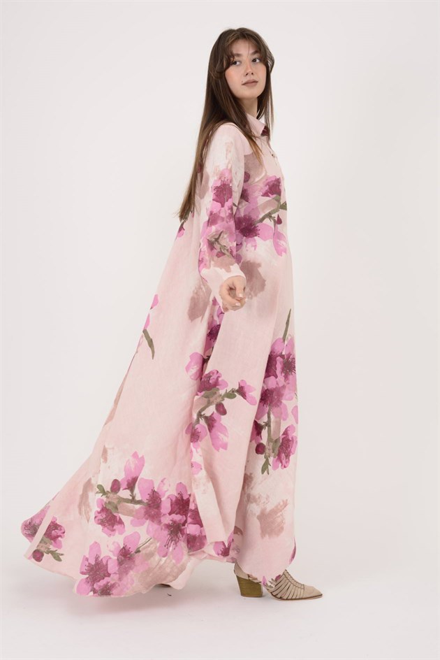 12794 SPRING ÇİÇEK DESEN GÖMLEK YAKA KETEN ELBİSE