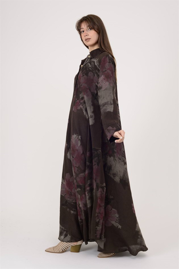 12794 SPRING ÇİÇEK DESEN GÖMLEK YAKA KETEN ELBİSE