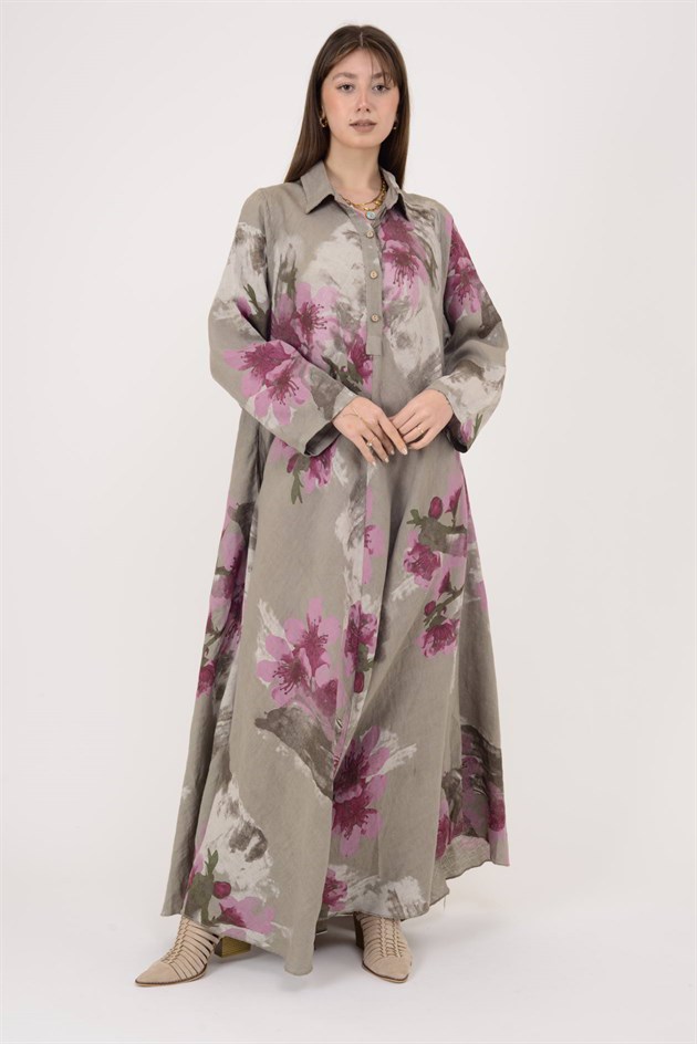 12794 SPRING ÇİÇEK DESEN GÖMLEK YAKA KETEN ELBİSE
