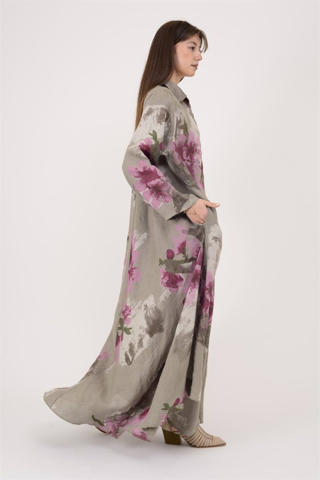 12794 SPRING ÇİÇEK DESEN GÖMLEK YAKA KETEN ELBİSE